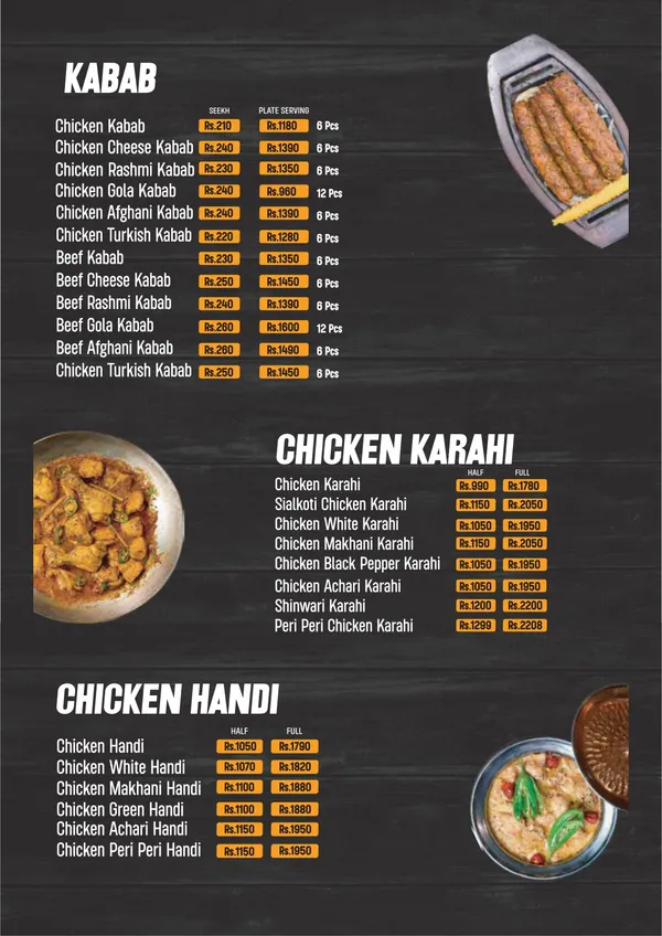 Kabab, chicken karahi & handi original menu