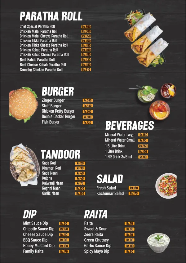 Rolls, burgers, drinks & tandoor original menu