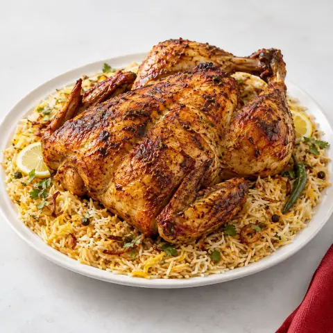 Illustration of golden roasted chicken sajji with basmati rice
